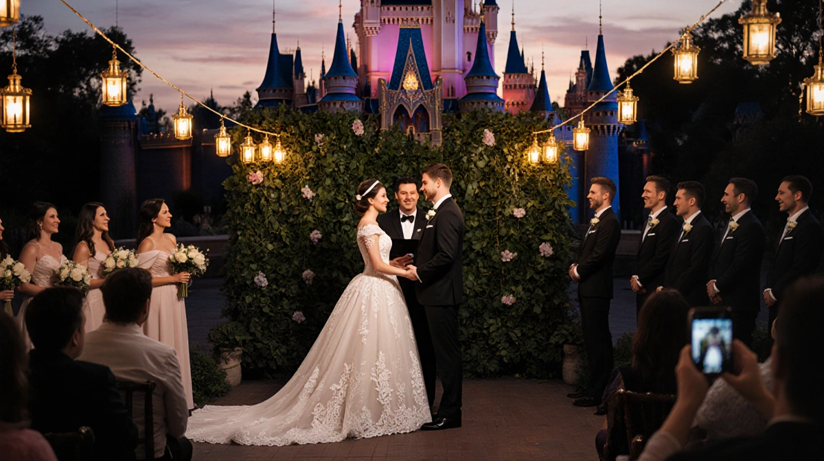 Bride and groom posing for wedding photos with Cinderella Castle behind and golden lanterns glowing