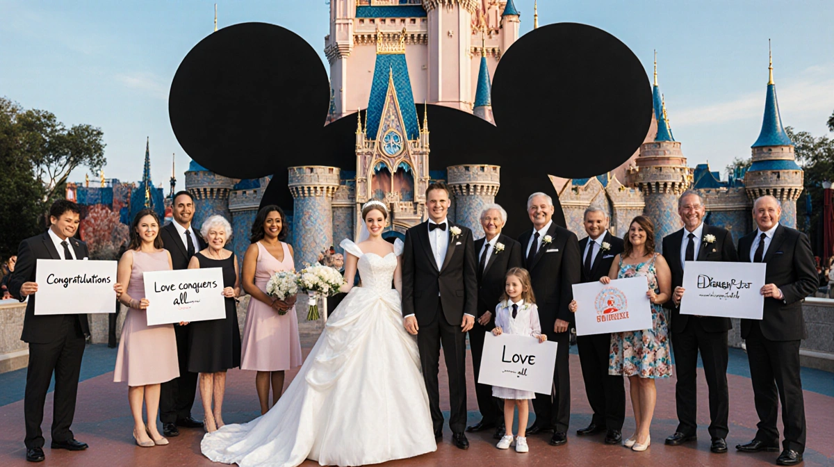 Bride in fairytale gown celebrating with diverse wedding guests and personalized signs in front of Disney castle backdrop