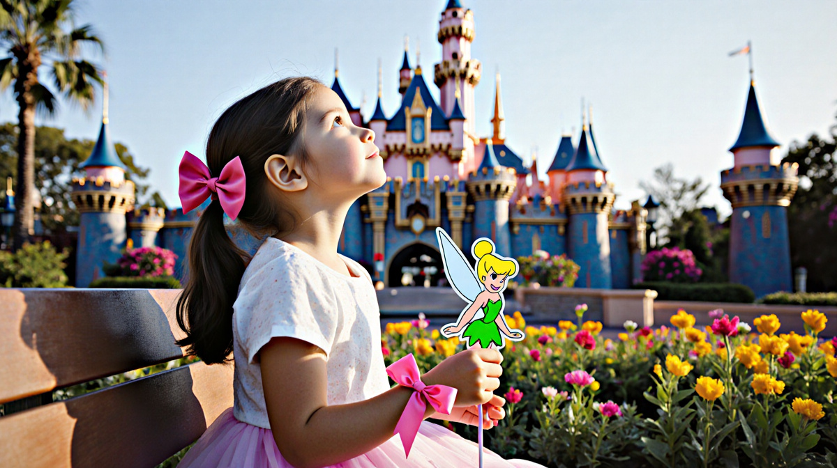 Young girl sits on bench holding Tinkerbell birthday decoration with bright pink bow and gazes upward toward Disney castle