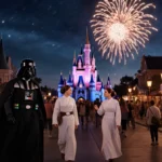 Darth Vader and Princess Leia walking through Disneyland with fireworks exploding above the castle and lanterns glowing along