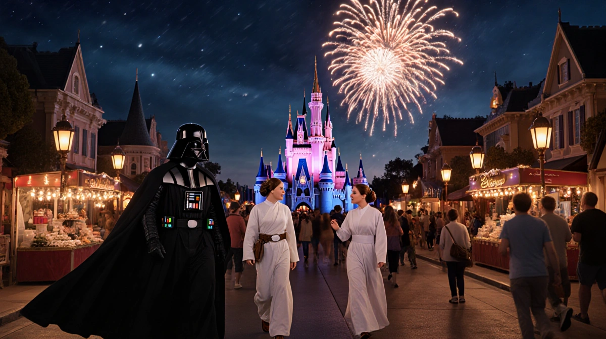 Darth Vader and Princess Leia walking through Disneyland with fireworks exploding above the castle and lanterns glowing along