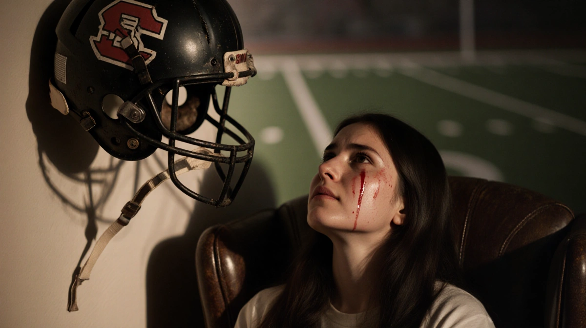 Woman weeping in armchair with cracked football helmet on wall and faded gridiron pattern behind