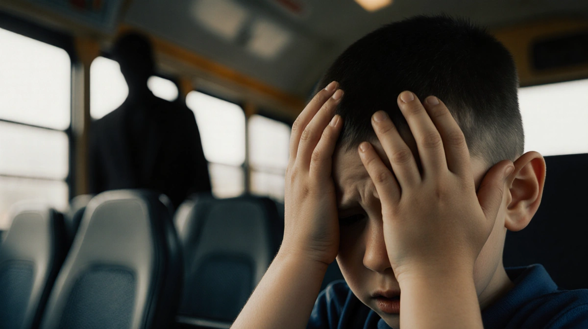 Young boy covering his head with hand showing distress with school bus seat and man silhouette behind