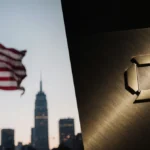 Split screen showing distressed American flag waving with JPMorgan Chase logo glowing on metallic surface