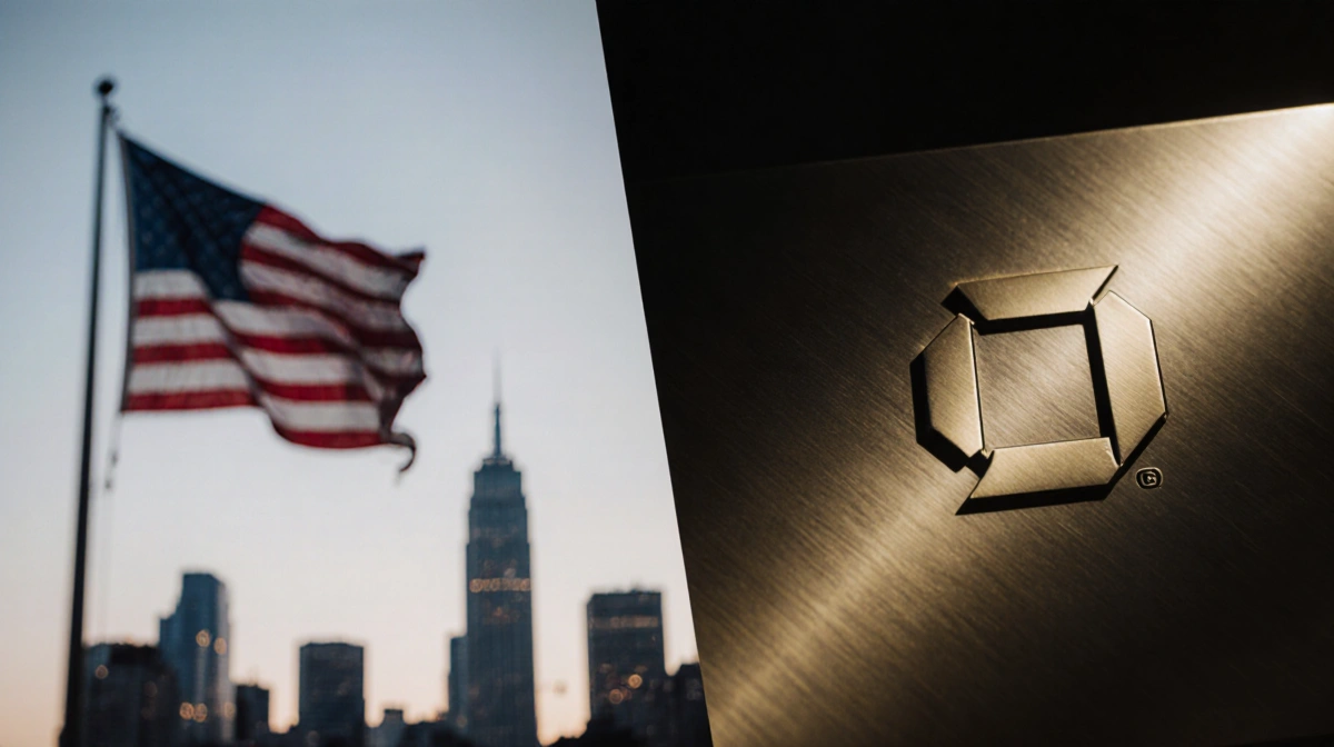 Split screen showing distressed American flag waving with JPMorgan Chase logo glowing on metallic surface