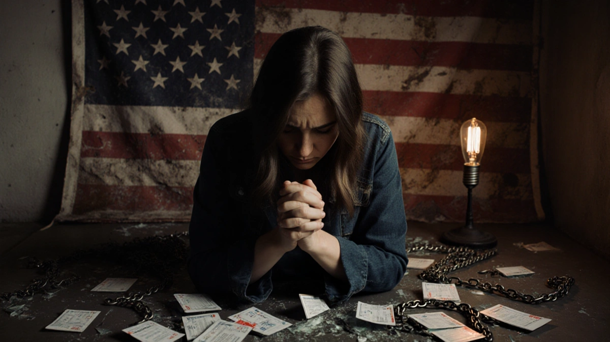 Distressed woman stands with head bowed and hands clasped in front of a faded American flag with scattered health insurance c