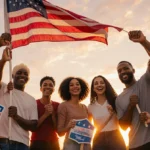 Diverse Americans standing together holding the American flag with hopeful expressions against a warm sunset