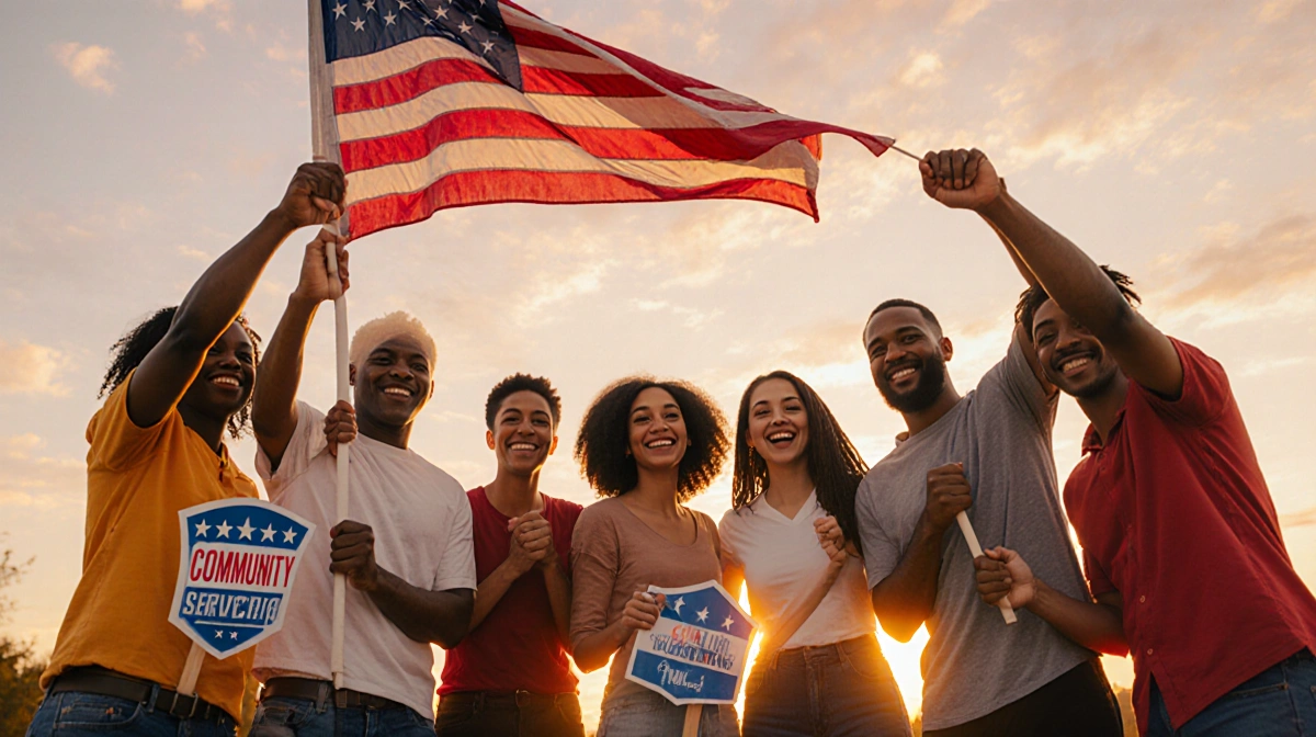 Diverse Americans standing together holding the American flag with hopeful expressions against a warm sunset