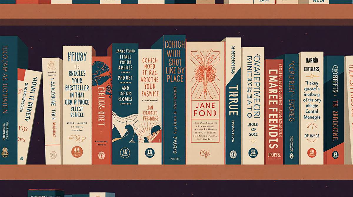 Bookshelf displays diverse literature with author names and bestseller logos