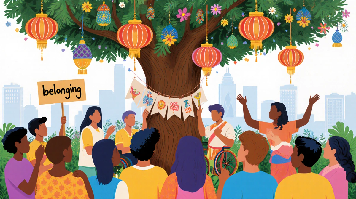 Diverse crowd gathering around lantern tree with unity signs and belonging banners