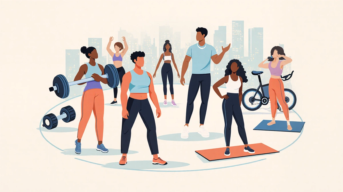 Diverse group exercising together with yoga mats weights and bikes arranged in circle with city skyline behind