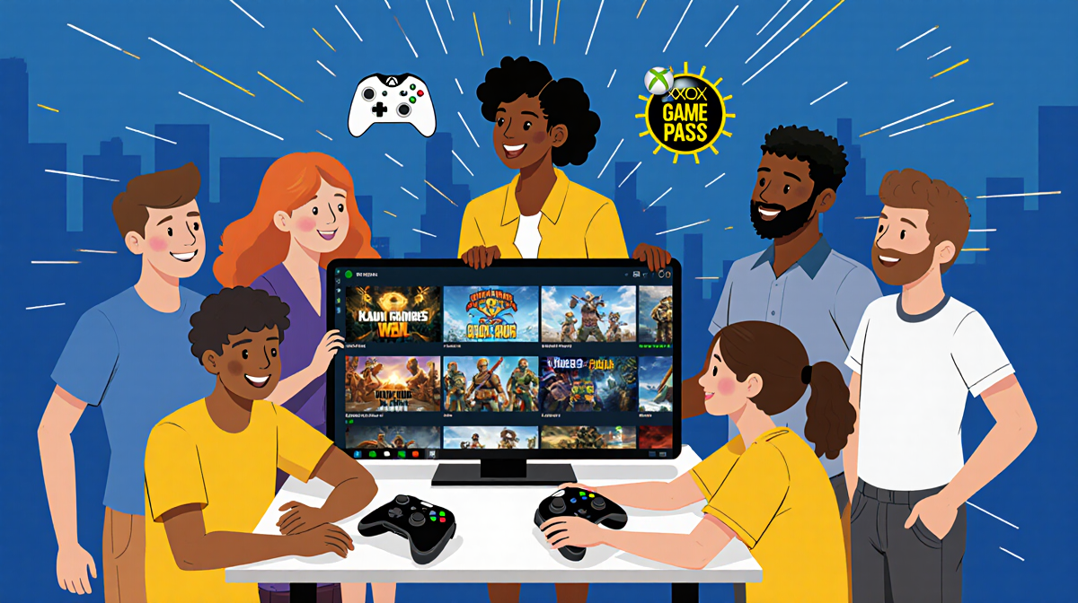 Diverse gamers playing together with Xbox console and game controllers showing Xbox Game Pass logo