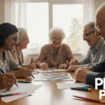 Diverse group solving crossword puzzle together at wooden table with natural light and PEOPLE Puzzler logo