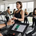 Woman leads diverse fitness class with Apple Watch and gym console showing workout program in bright modern gym