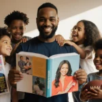 Five diverse children gather around a family photo album with their dancing dad and magazine featuring their reality show