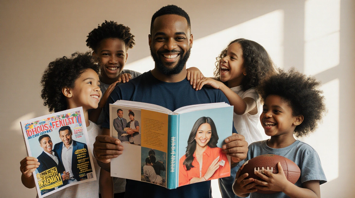 Five diverse children gather around a family photo album with their dancing dad and magazine featuring their reality show