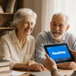 Two diverse people sharing Headway app on tablet with books and laptops on wooden table near window