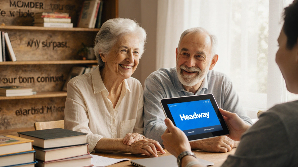 Two diverse people sharing Headway app on tablet with books and laptops on wooden table near window