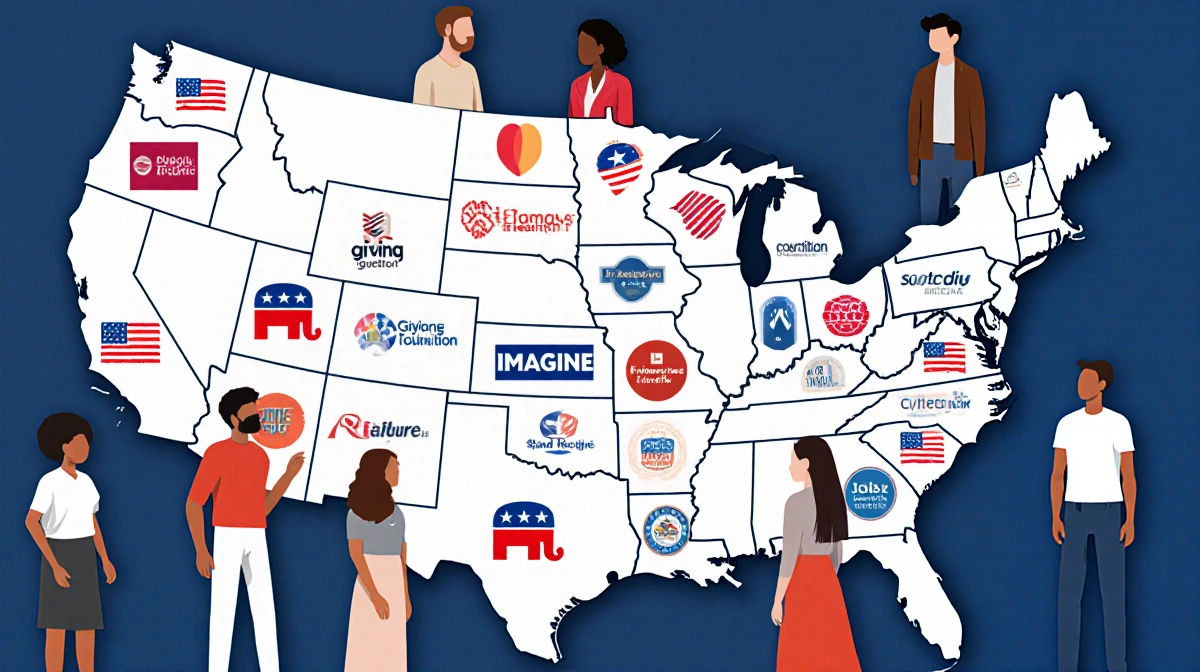 Diverse people gathering around U.S. map with coalition flags, philanthropy logos, partners and unity