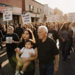 Diverse protesters march together with signs and family photos showing community solidarity on Highland Park street