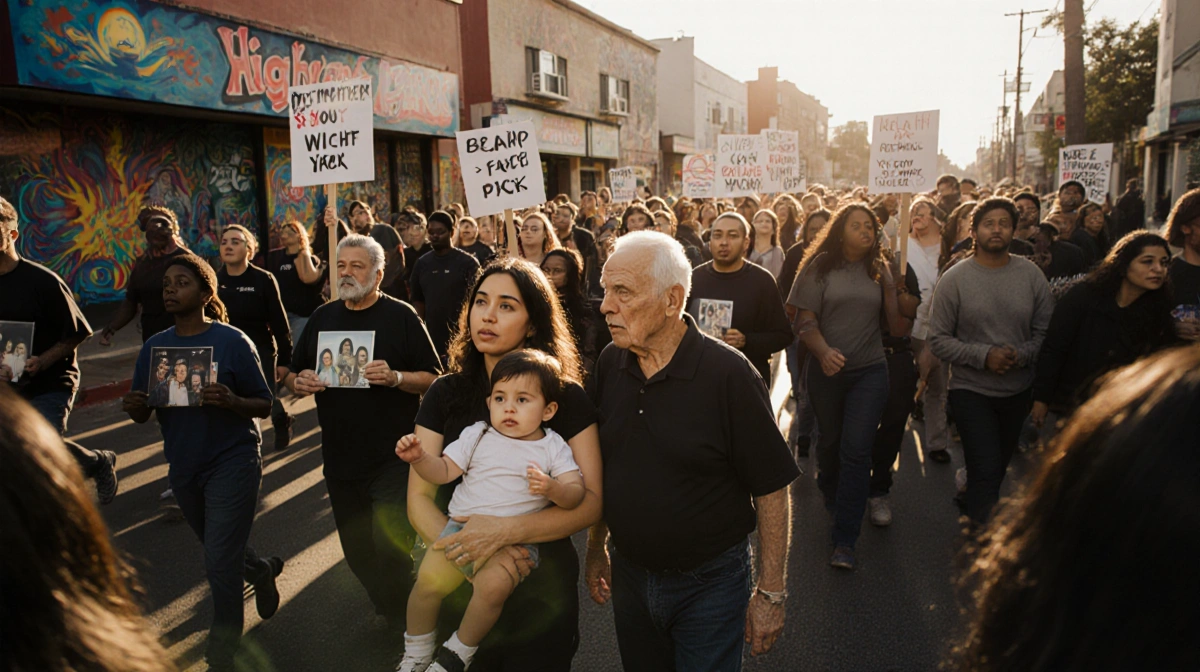 Diverse protesters march together with signs and family photos showing community solidarity on Highland Park street