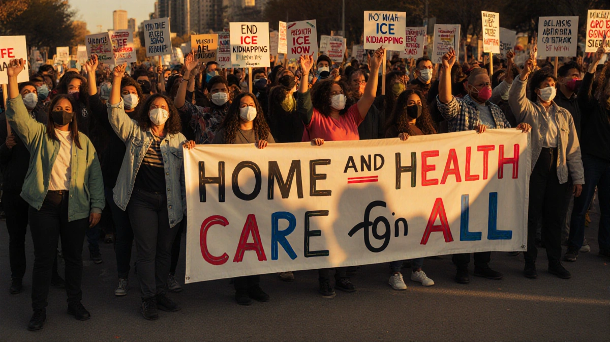Protesters raising hands with giant banner Home and Health Care for All under warm dusk light.