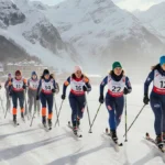 Diverse women athletes stepping onto Milan Cortina ice tracks with sleds and colorful uniforms against Italian Alps