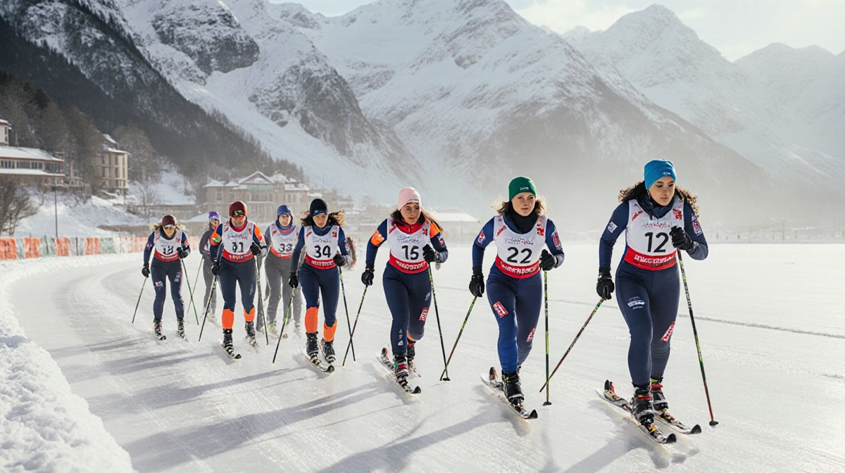 Diverse women athletes stepping onto Milan Cortina ice tracks with sleds and colorful uniforms against Italian Alps