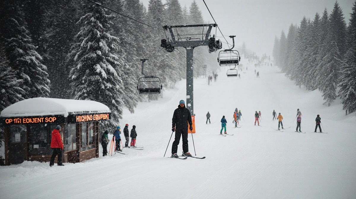 Black skier stands alone near ski lift with luxury equipment shop and white crowds in background