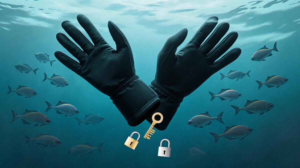 Diver's gloves sinking through murky blue water with gold and silver keys entwined and fish swimming toward them