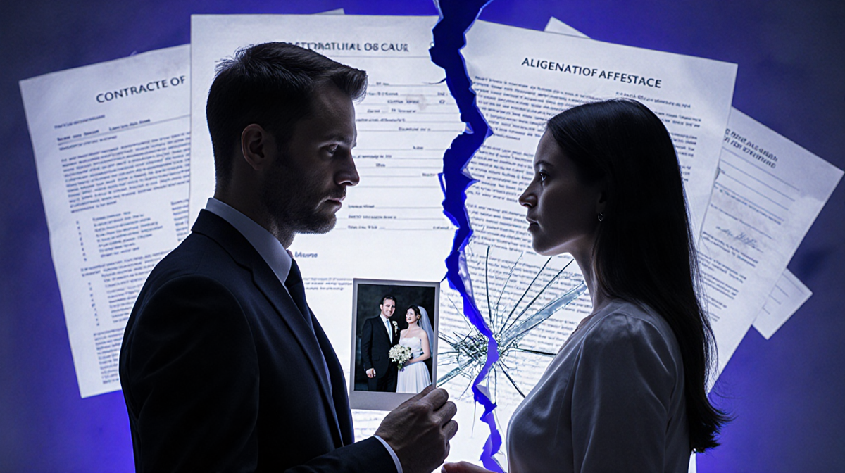Male holding torn photo while female holds shattered mirror with legal contracts and marriage background