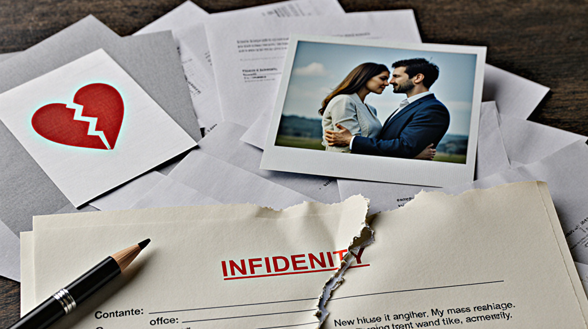 Torn divorce document showing a faint red pen mark with a broken heart symbol among scattered papers