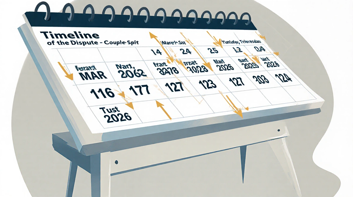 Calendar timeline spanning divorce proceedings with arrows linking key dates across a wooden table