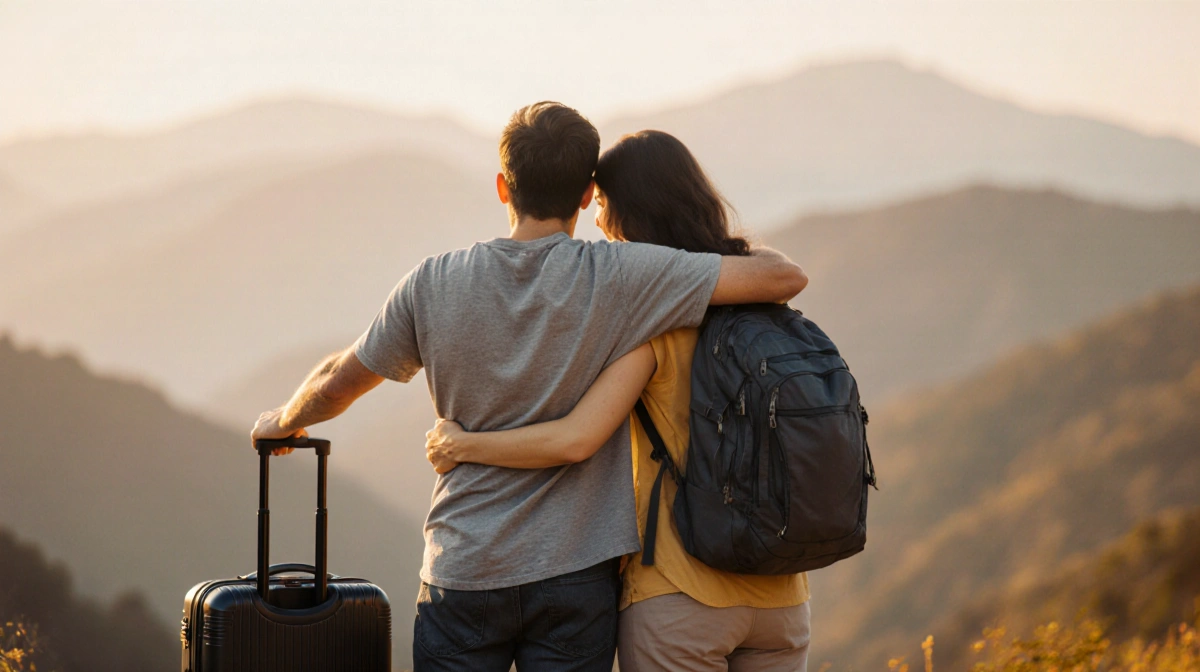 Divorced couple embracing at waist with crossed arms showing soulmate bond and suitcase between them with mountain backdrop