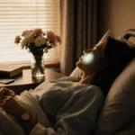 DJ B Jones rests in hospital bed with laptop glow on face and flowers on bedside table