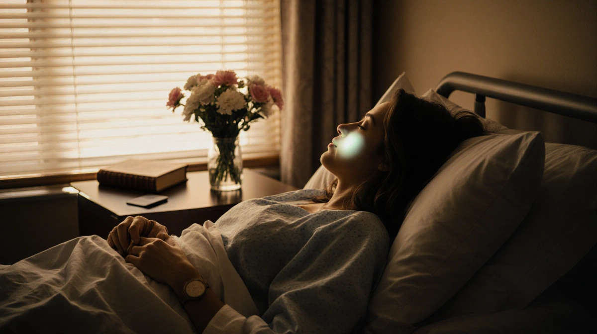 DJ B Jones rests in hospital bed with laptop glow on face and flowers on bedside table