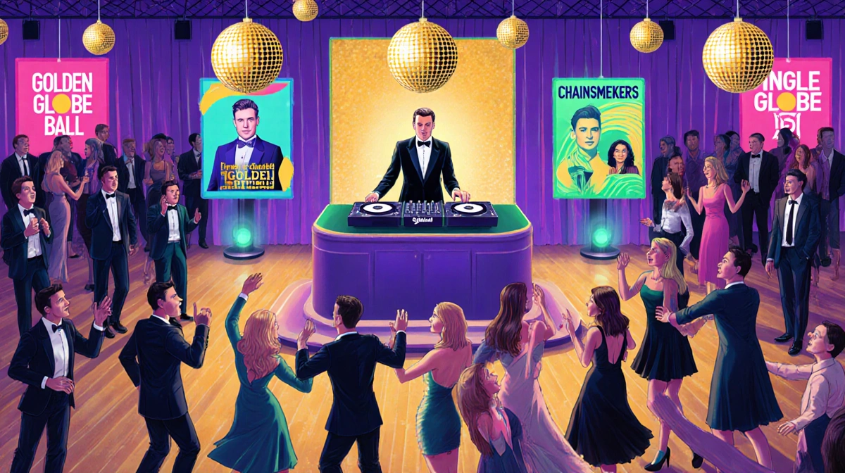 DJ spinning music with crowd dancing and neon banners showing artist names in party venue