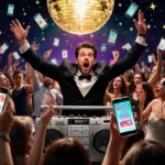 DJ panicking on chaotic dance floor with glowing phones and Golden Globes disco ball overhead