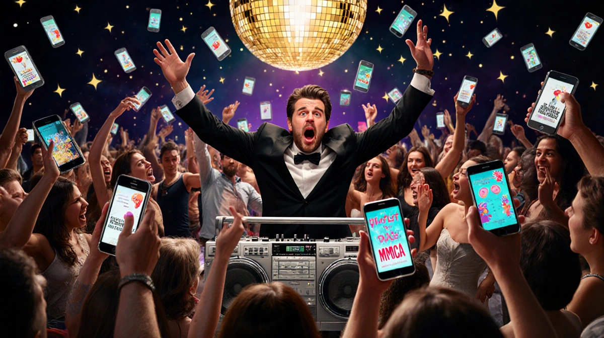 DJ panicking on chaotic dance floor with glowing phones and Golden Globes disco ball overhead