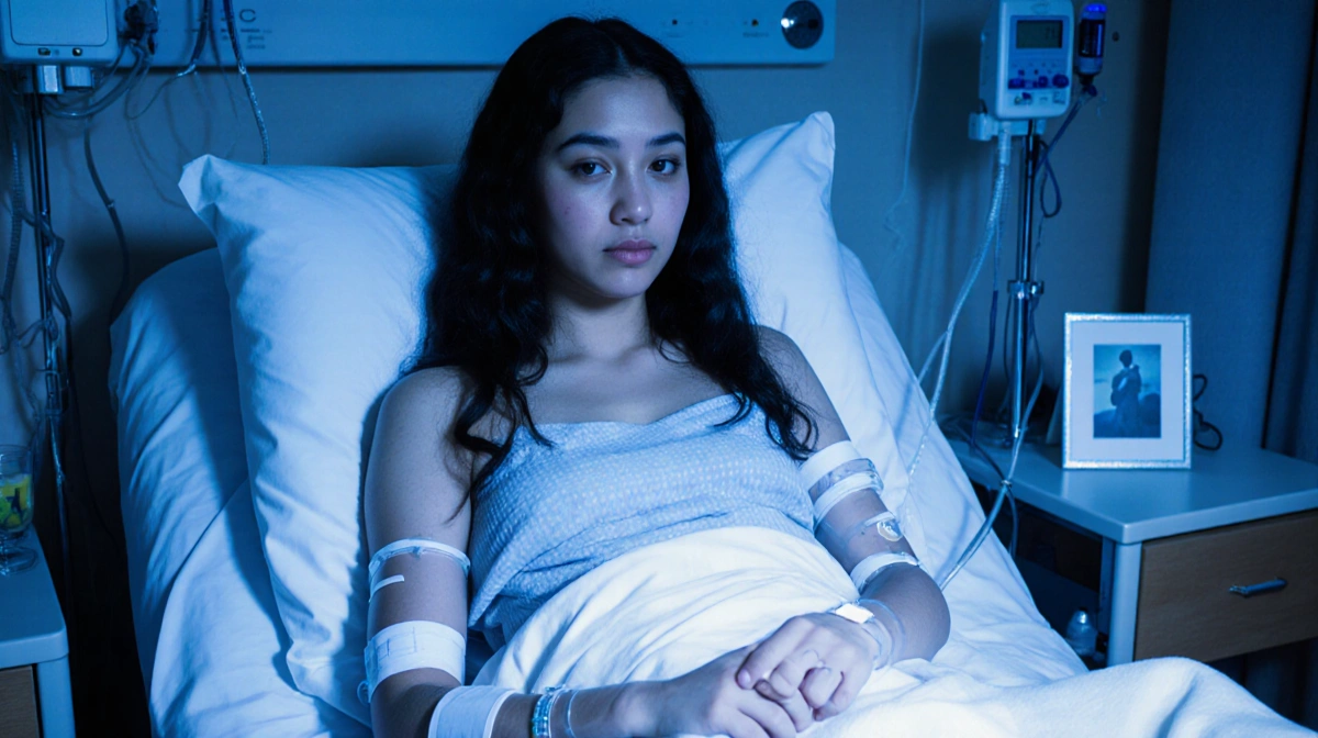 Young woman receiving chemotherapy in hospital bed with IV tubes and framed photo showing resilience