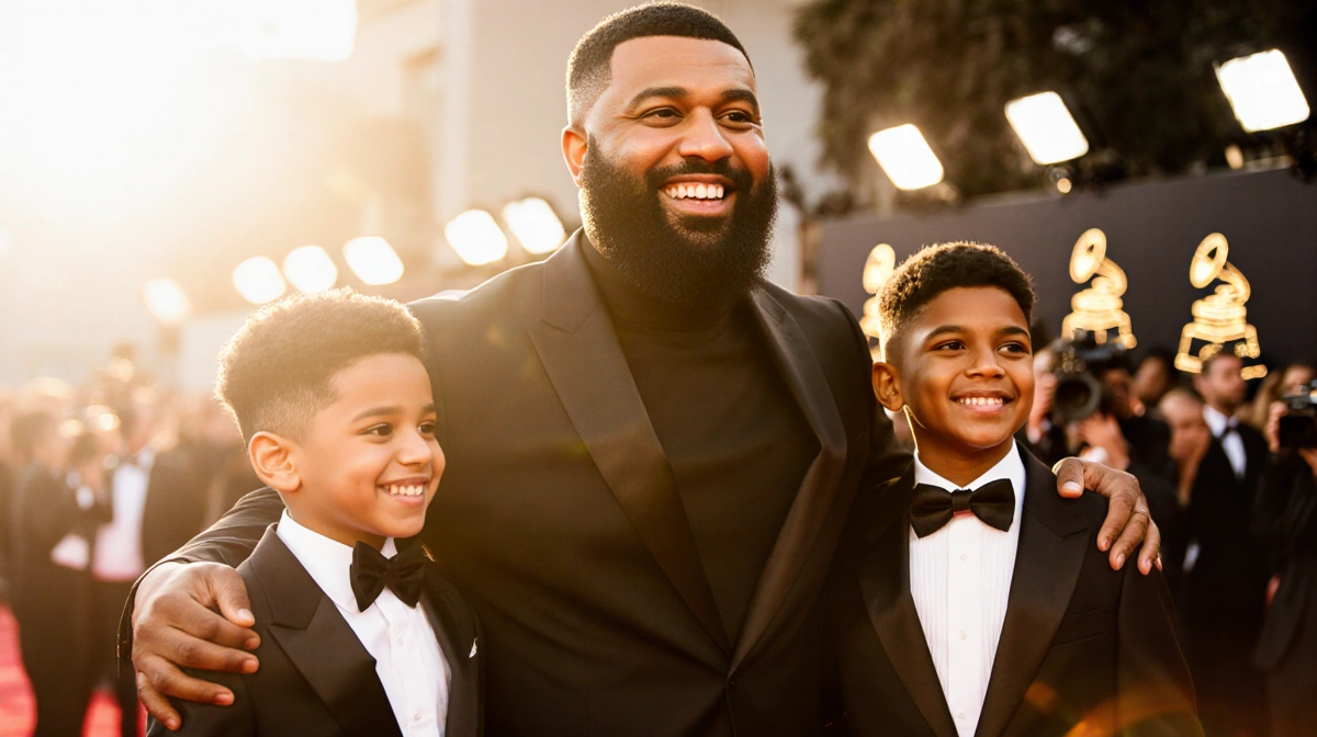 DJ Khaled stands proudly on the Grammy Awards red carpet with his family and two sons wearing tuxedos and smiles.