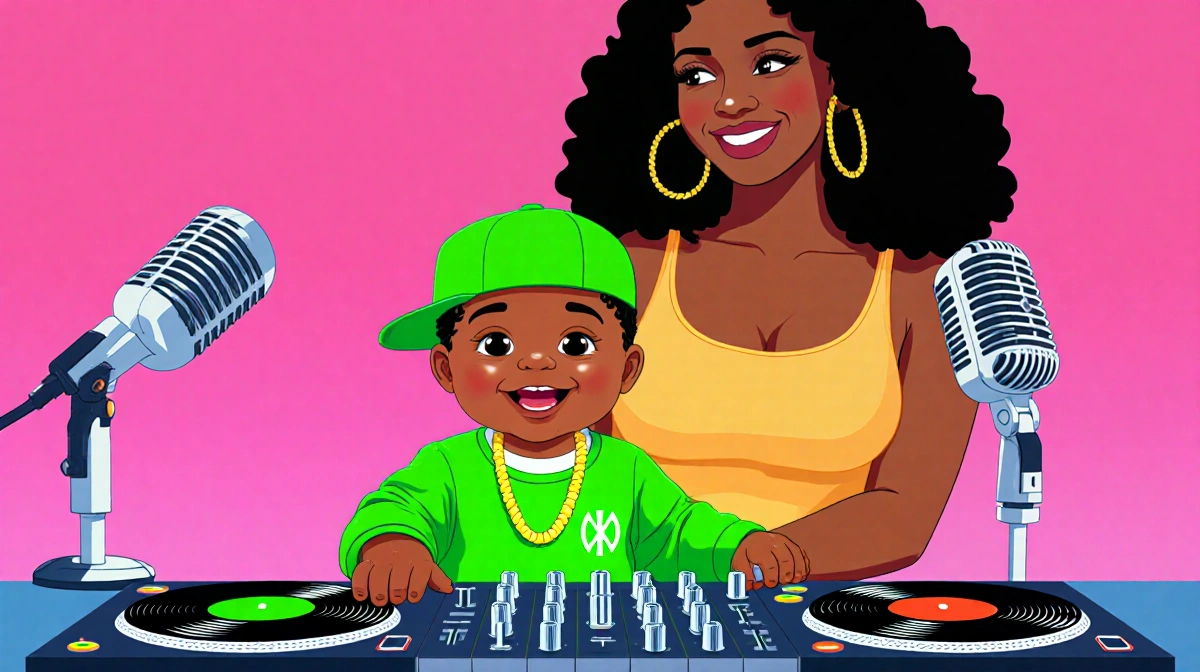 DJ Khaled's son Aalam stands on mixing board with neon green hat and vinyl records while mother Nicole Tuck smiles from behin