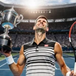 Novak Djokovic holds Australian Open trophy aloft with tennis court and opponent