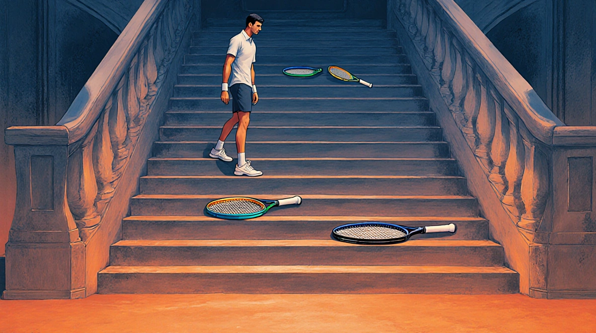 Novak Djokovic stands atop ornate staircase with tennis rackets on steps below and gradient sky showing shift in tennis ranki