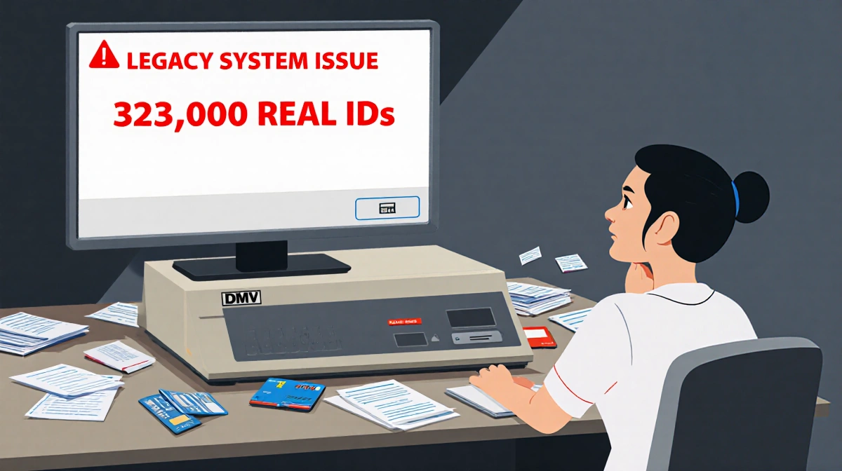 DMV employee frowns at retro terminal with red error message and scattered ID cards.