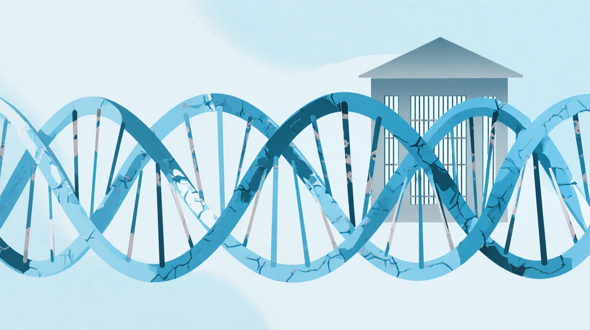 DNA double helix shows five cracked strands with faint prison cell bars woven through the genetic structure