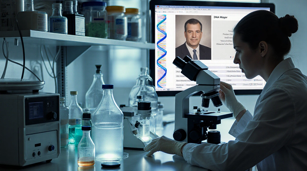 Scientist examines DNA sample through microscope with gene sequencer and centrifuge equipment behind split screen showing may
