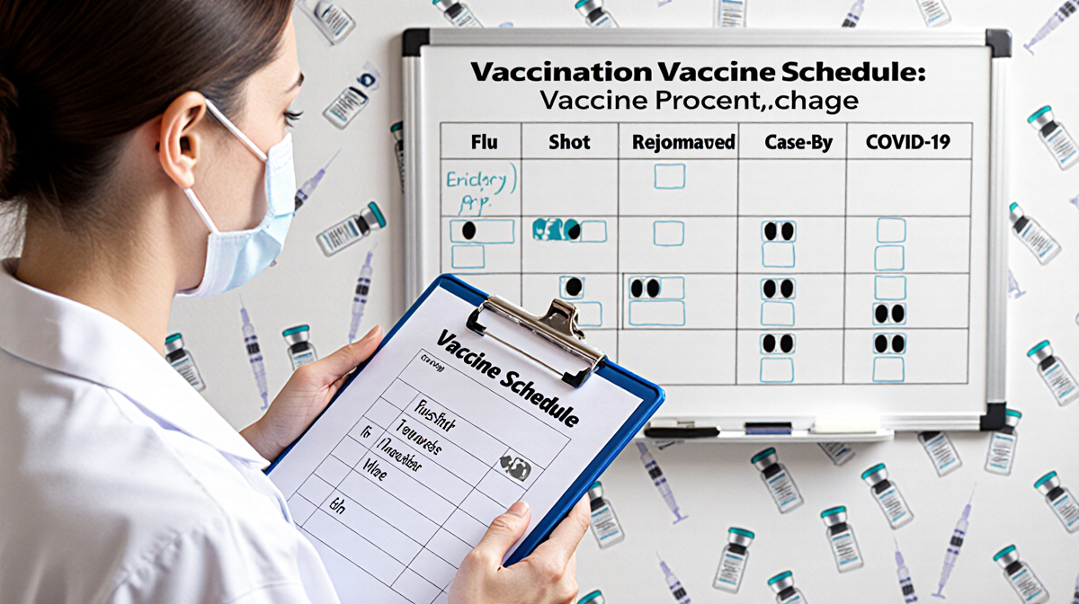 Doctor holding a clipboard with a vaccination schedule in front of a whiteboard chart showing flu and COVID-19 marks