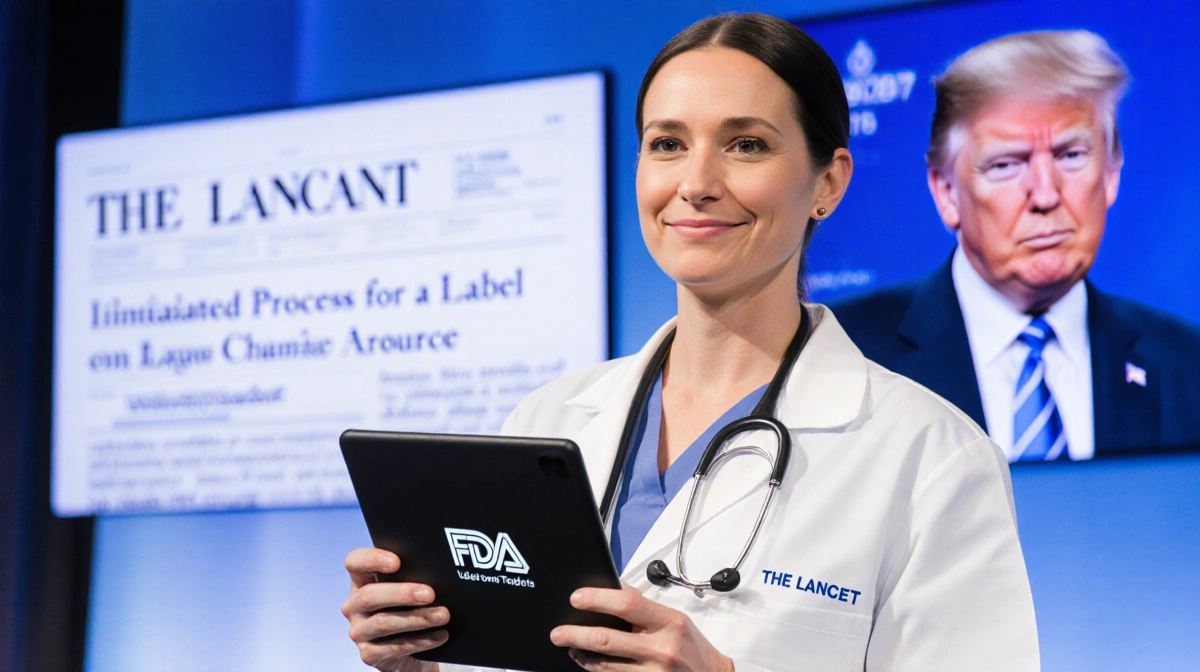 Doctor holding FDA tablet with Lancet journal on screen and blue-white gradient background