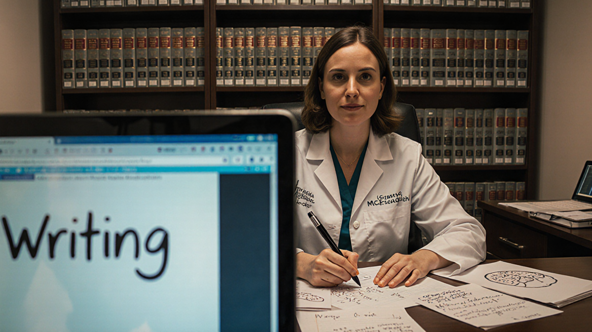 Freida McFadden doctor writes at desk with pen hovering above her hand notes bookshelf of brain disorder texts warm light